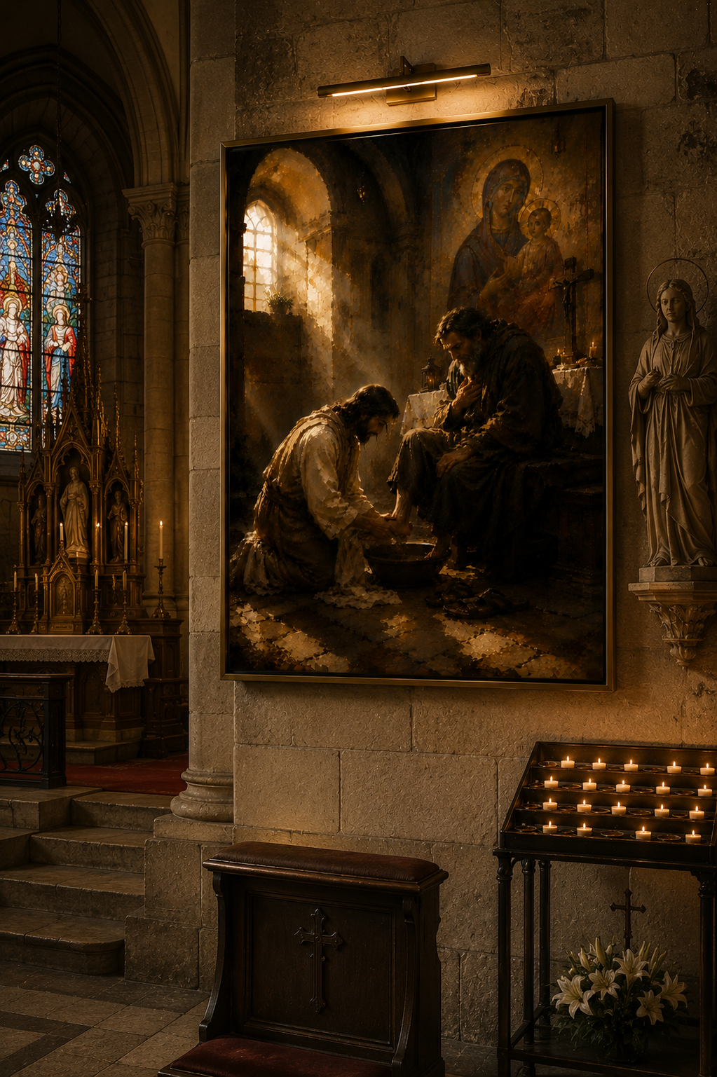 Religious canvas displayed above an antique wooden dresser