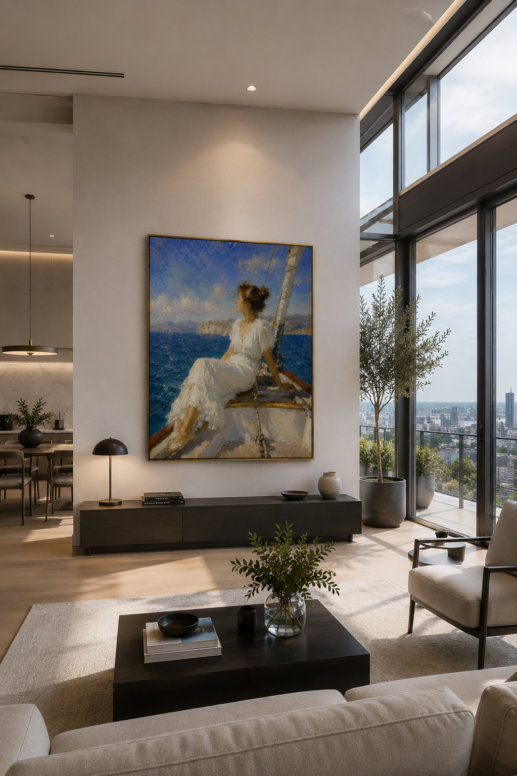 Impressionist sailboat canvas displayed in a coastal home