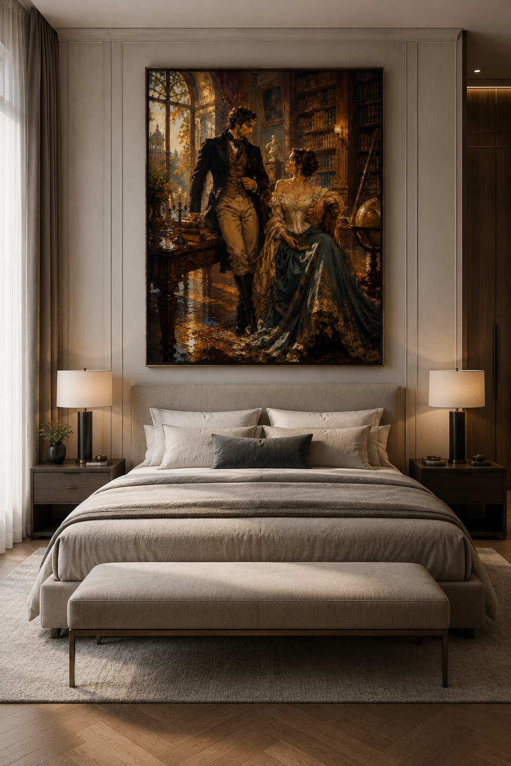 Victorian romance canvas displayed above a bed in an elegant bedroom