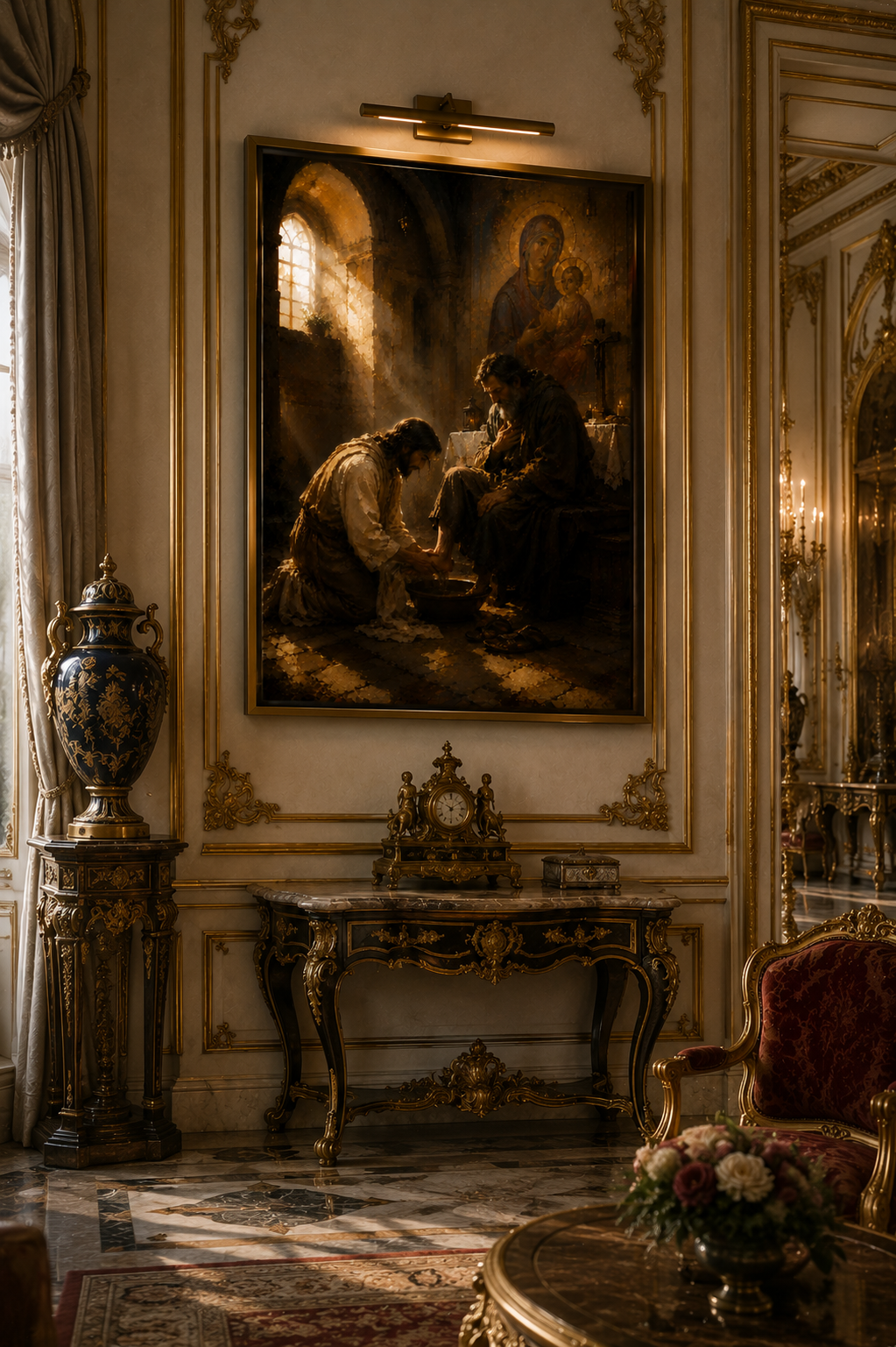 Sacred art canvas displayed inside a candlelit chapel