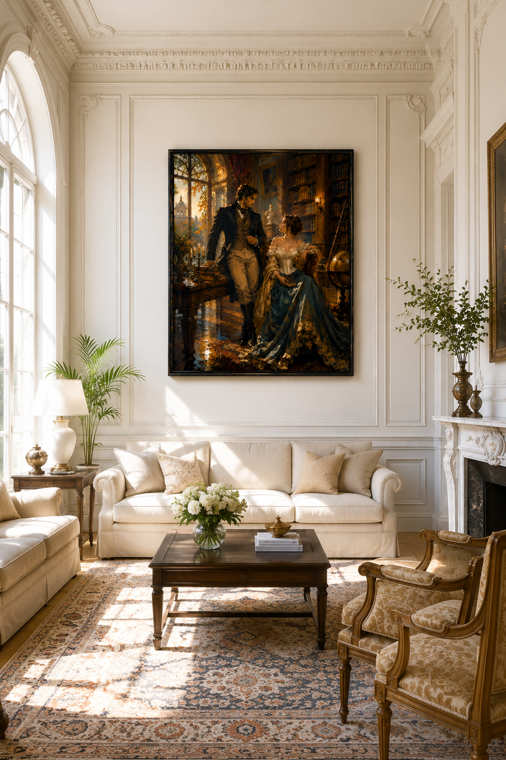 Romantic Victorian canvas displayed in an opulent gold living room